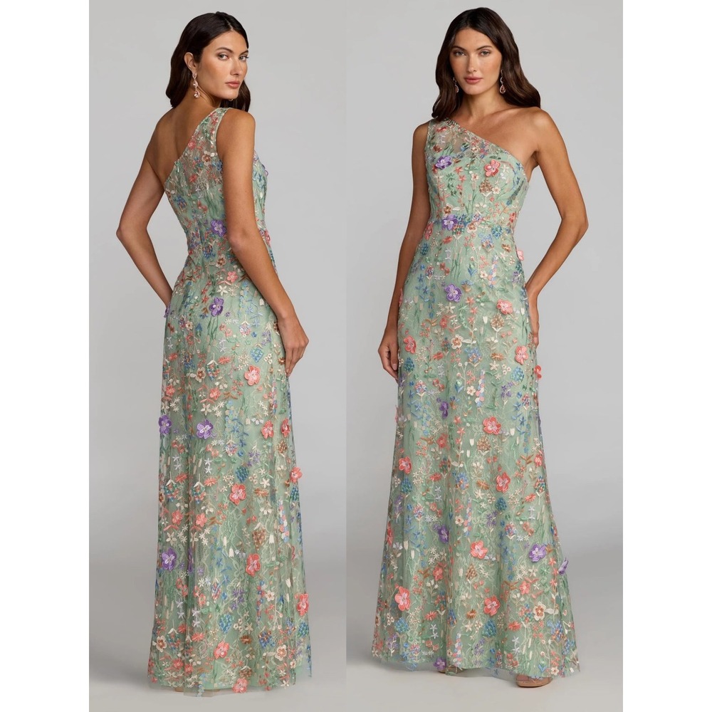 Mac Duggal One-Shoulder Floral Gown in Mint with Pink & Purple Accents - Picture 1 of 15